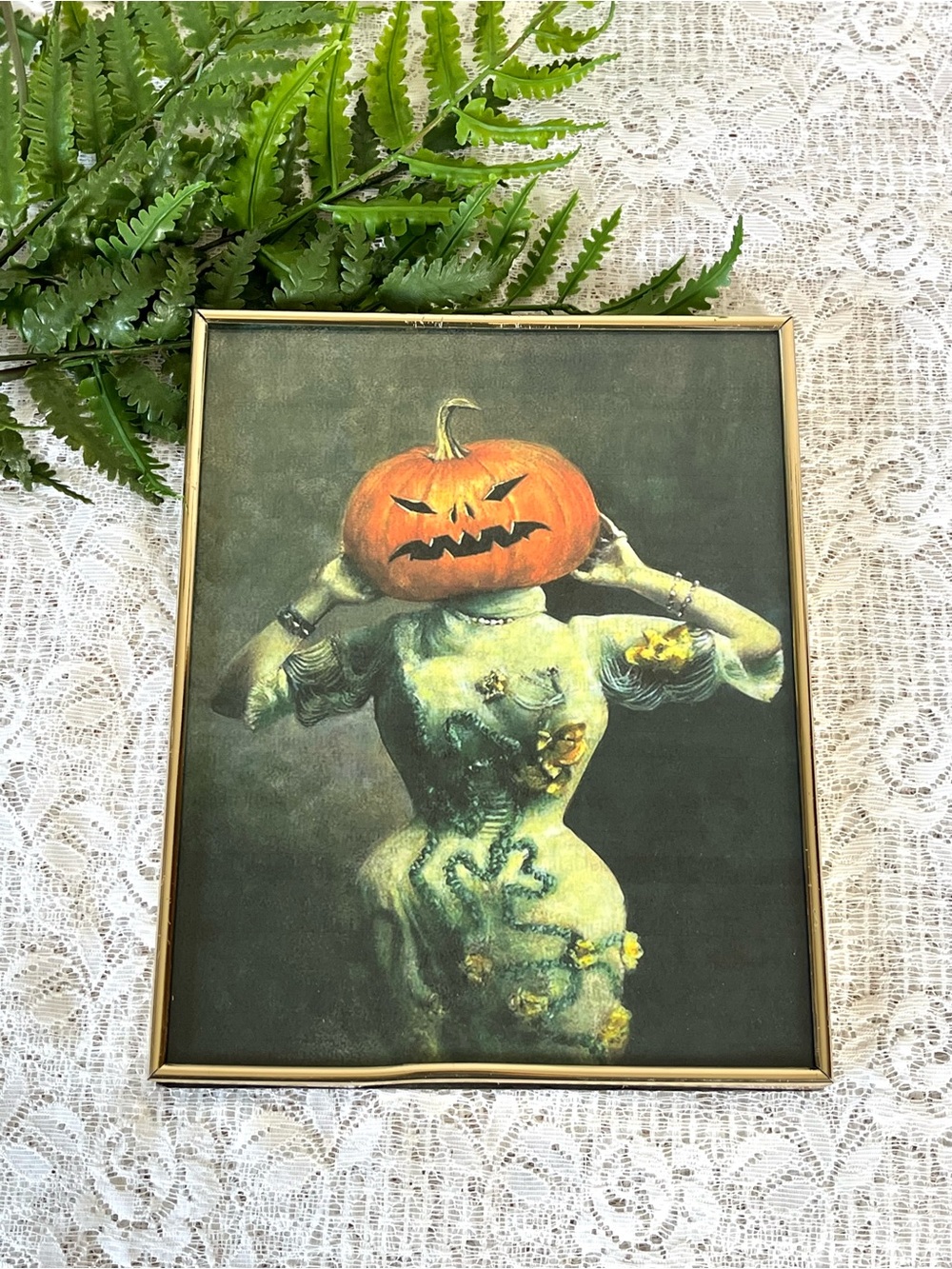 Vintage Brass Framed Pumpkin Head Halloween Decor 8x10